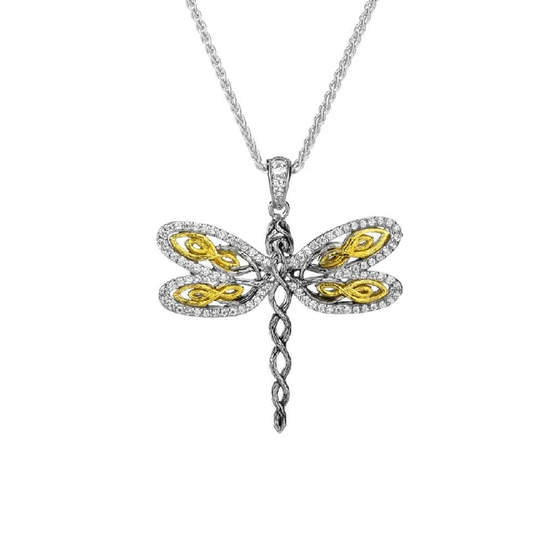 birthstone pendant necklaces for women-Silver and 10k Yellow or Rose Gold Dragonfly Pendant-Cubic Zirconia