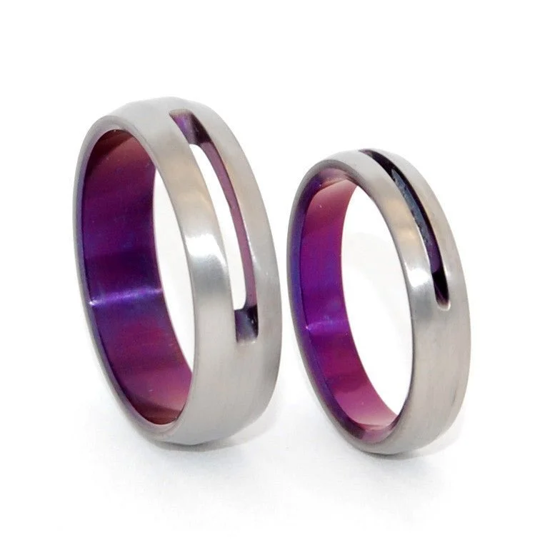 Let Love Shine Through | Purple Anodized Titanium Wedding Ring Set