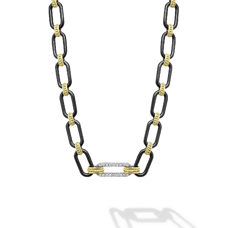 vintage-inspired necklaces for women-Signature Caviar 18K Gold and Black Ceramic Diamond Station Link Necklace | 6mm