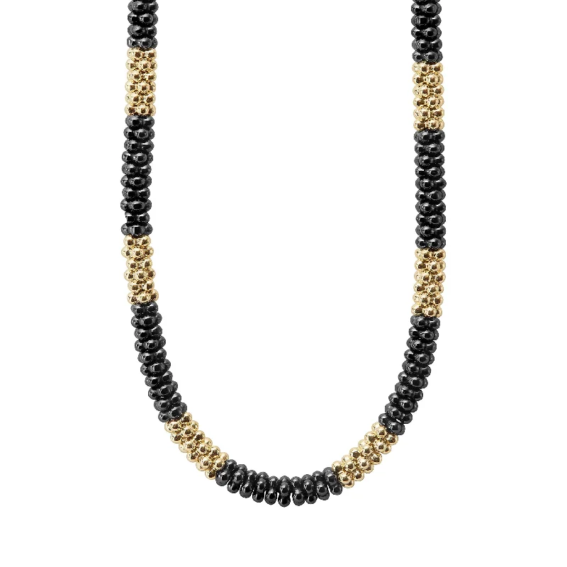 lightweight necklaces for women-Black Caviar 18K Gold Large Station Ceramic Beaded Necklace | 5mm