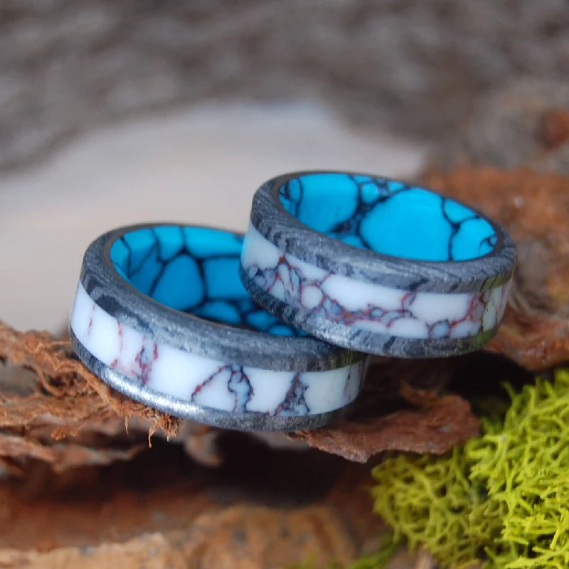 Texas Fire | Wild Horse Jasper, M3 And Turquoise - Unique Wedding Ring - Wedding Ring Set