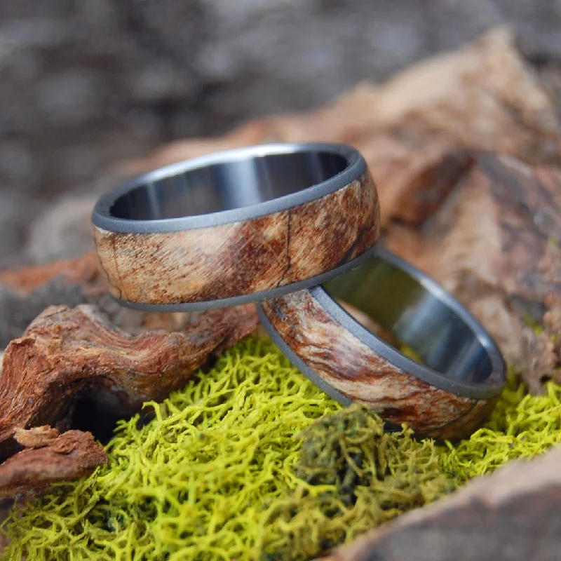 Spalted Domed Set | Amboyna Wood & Titanium - Unique Wedding Ring - Wedding Ring Set