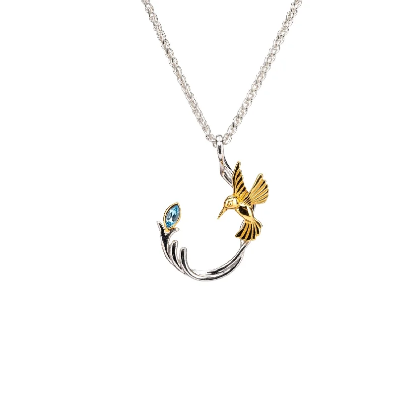 bar necklaces for women-Silver and 10k Gold Single Hummingbird Pendant - Blue Topaz/Rhodolite/Peridot