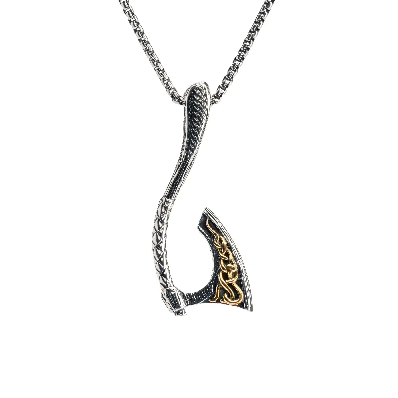 silver necklaces for women-Silver and 10k Gold Curved Small Axe Pendant