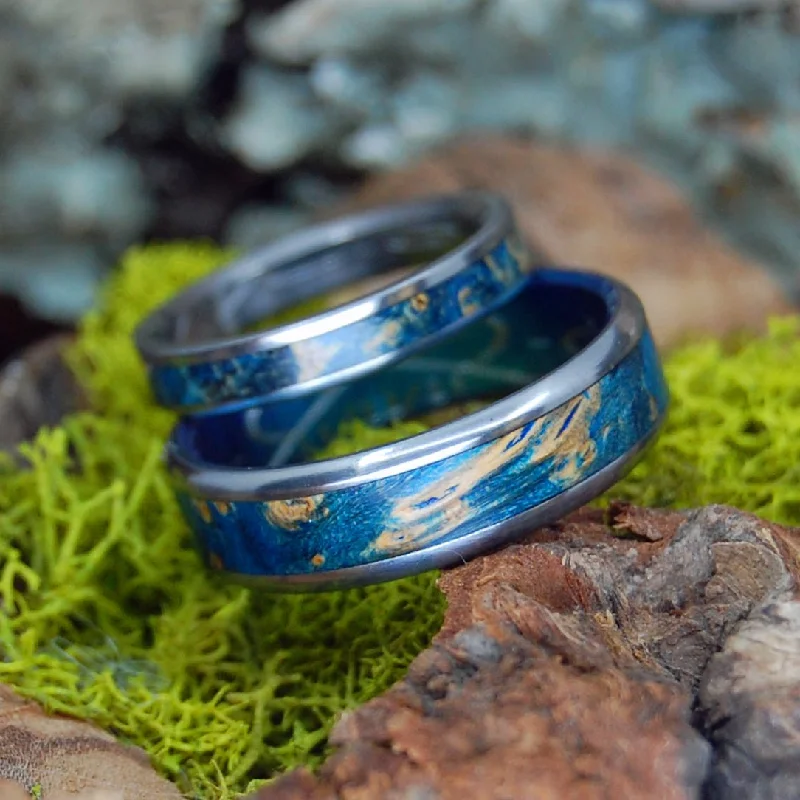 Under Blue Moons | Blue Box Elder Wood & Titanium - Unique Wedding Ring - Wedding Ring Set