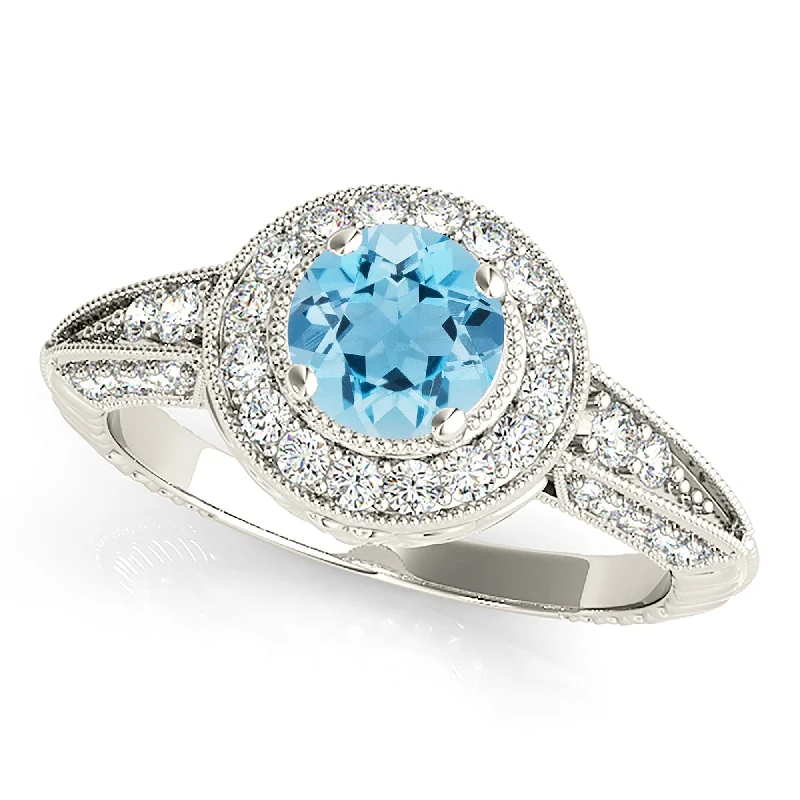 2.00 ct. Genuine Aquamarine Ring With Milgrain Halo And 3D Diamond Band