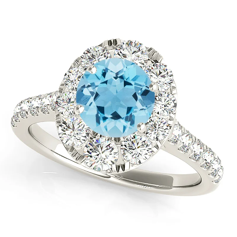 1.10 ct. Genuine Aquamarine Ring With Oval Halo And Delicate Diamond Band