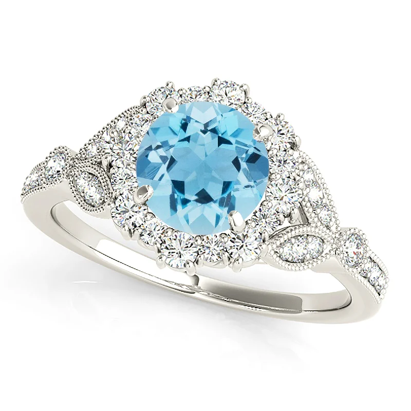 1.10 ct. Genuine Aquamarine Ring With Flower Halo, Milgrain Diamond Band