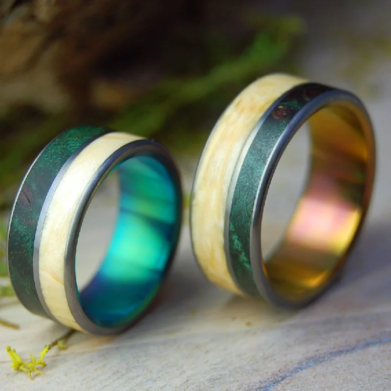 Peace In Costa Rica - Sunset & Green | Box Elder Wood, Green Maple Wood - Wood Wedding Ring Set