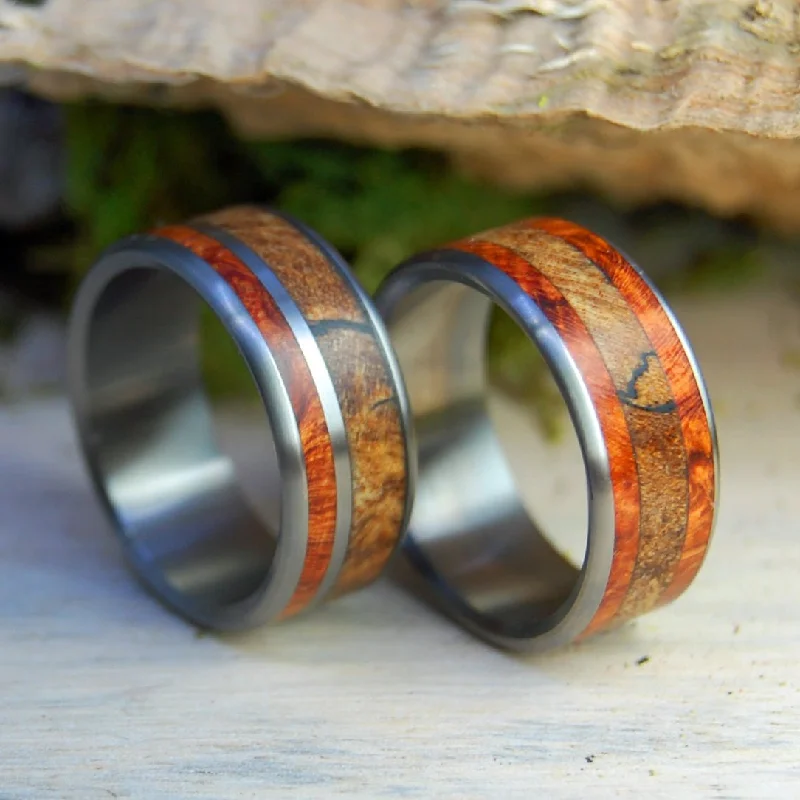 The Corner Of Their Heart | Amboyna Burl & Spalted Maple Titanium Wedding Ring Set