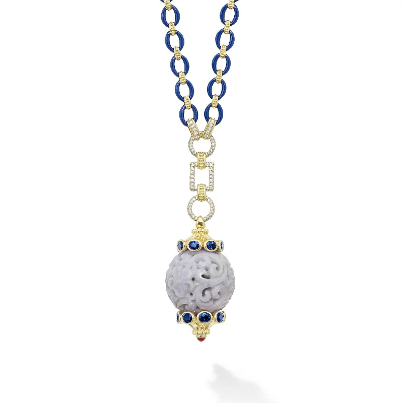 simple chain necklaces for women-Studio 18K Gold and Diamond Link Necklace with Blue Sapphires and Lavender Jade Ball Pendant