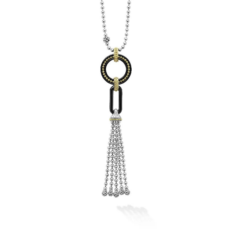 infinity necklaces for women-Black Caviar Two-Tone Black Ceramic Tassel Pendant Necklace