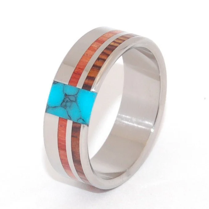 Unfolding Beauty | Men's Tulip Wood, Cocobolo Wood, & Turquoise Wedding Ring