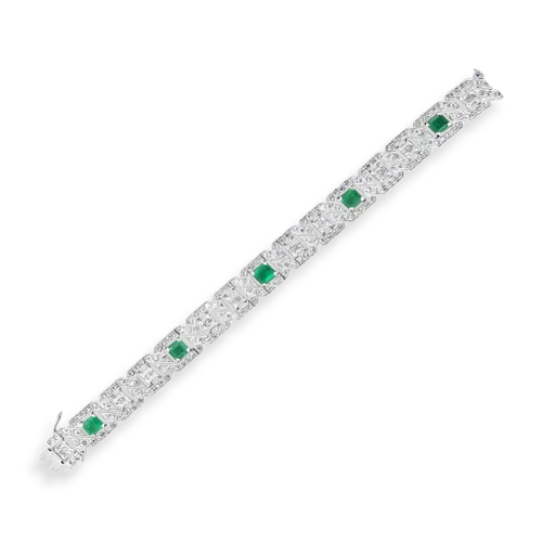 thin silver bracelets for women-Emerald & Diamond Art Deco Estate Bracelet