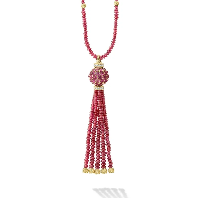 infinity necklaces for women-Caviar Gold Ruby and Diamond Tassel Pendant Necklace