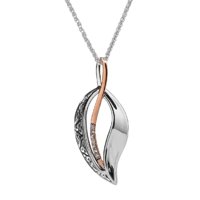 pearl necklaces for women-Silver and 10k Rose Gold Trinity Leaf White Sapphire Pendant -Oxidized Silver or Darkened Silver